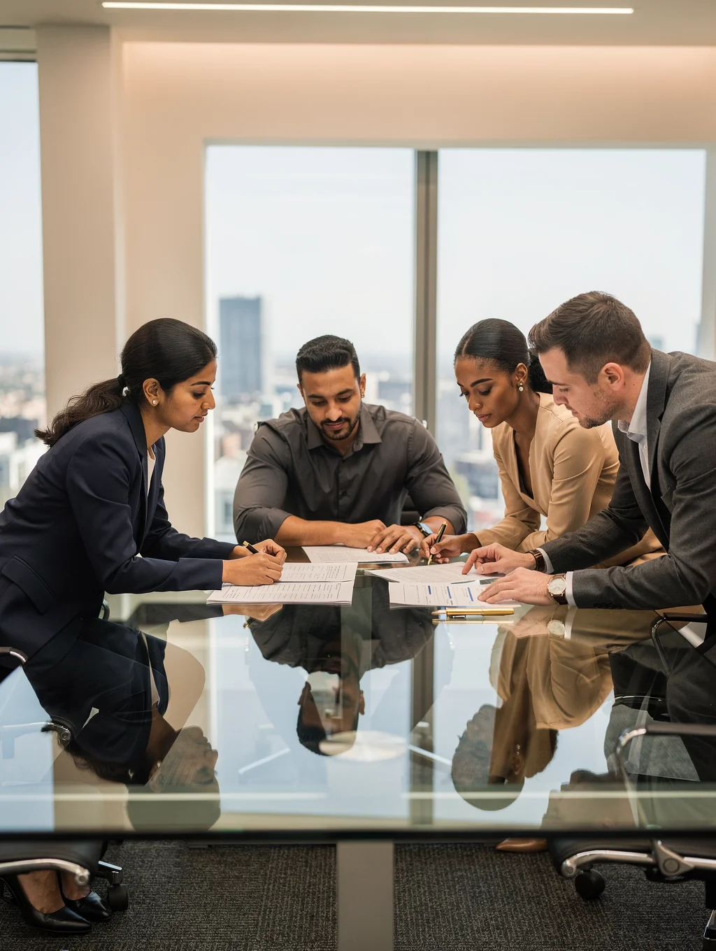 Senior commercial and payments advisory executives engaged in a strategic meeting in a modern boardroom